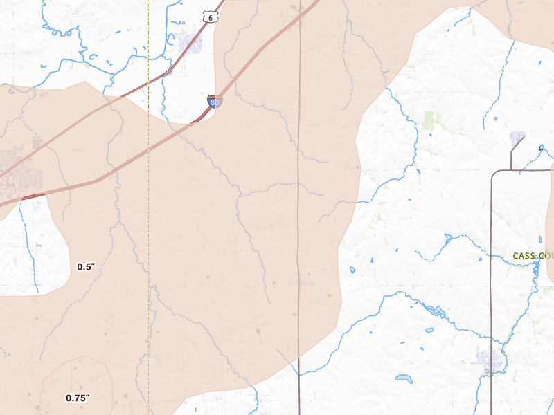 Radar-estimated hail-size map of the storm over Alvo, NE on May 17, 2026