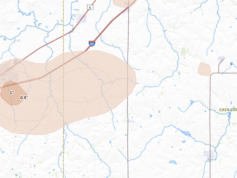 Radar-estimated hail-size map of the storm over Alvo, NE on Jun 5, 2026