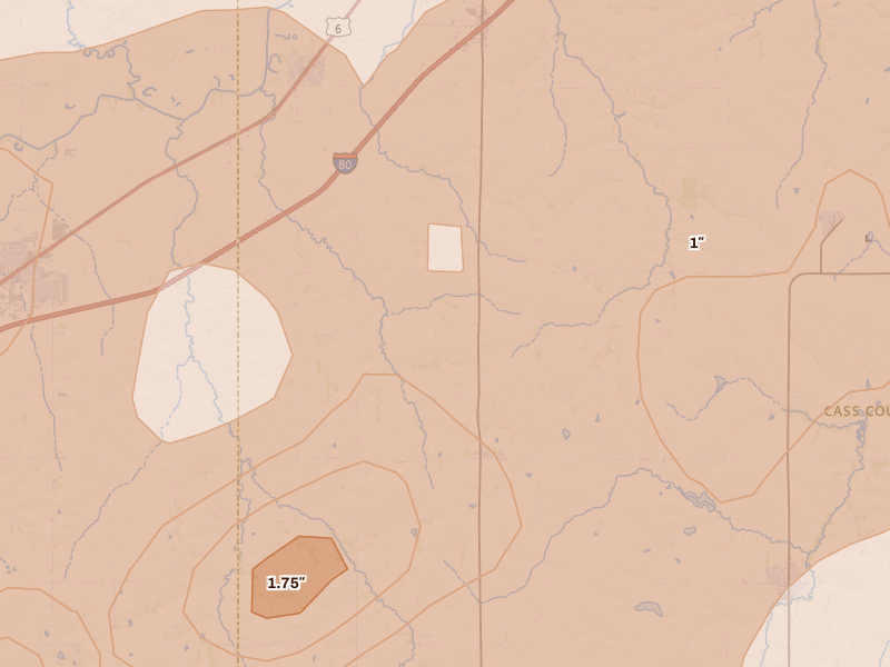 Radar-estimated hail-size map of the storm over Alvo, NE on Jun 10, 2026