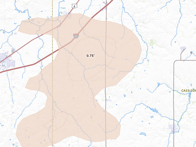 Radar-estimated hail-size map of the storm over Alvo, NE on Jul 3, 2026