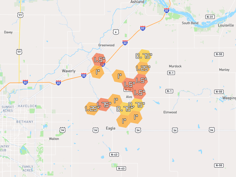 Hail map of Alvo, NE on Jul 4, 2026, hail up to 1.75"