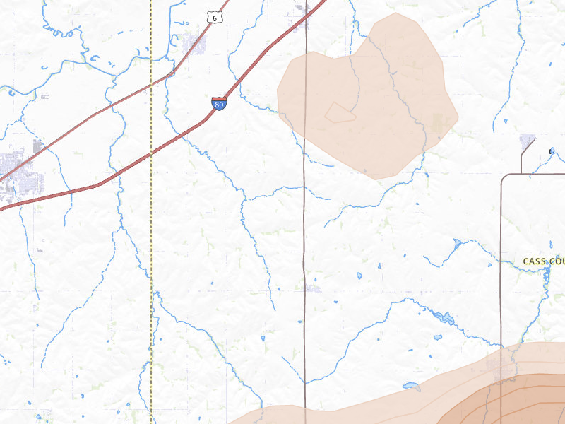 Radar-estimated hail-size map of the storm over Alvo, NE on Aug 4, 2026