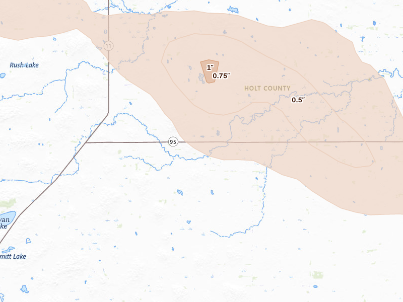 Radar-estimated hail-size map of the storm over Amelia, NE on Aug 11, 2026