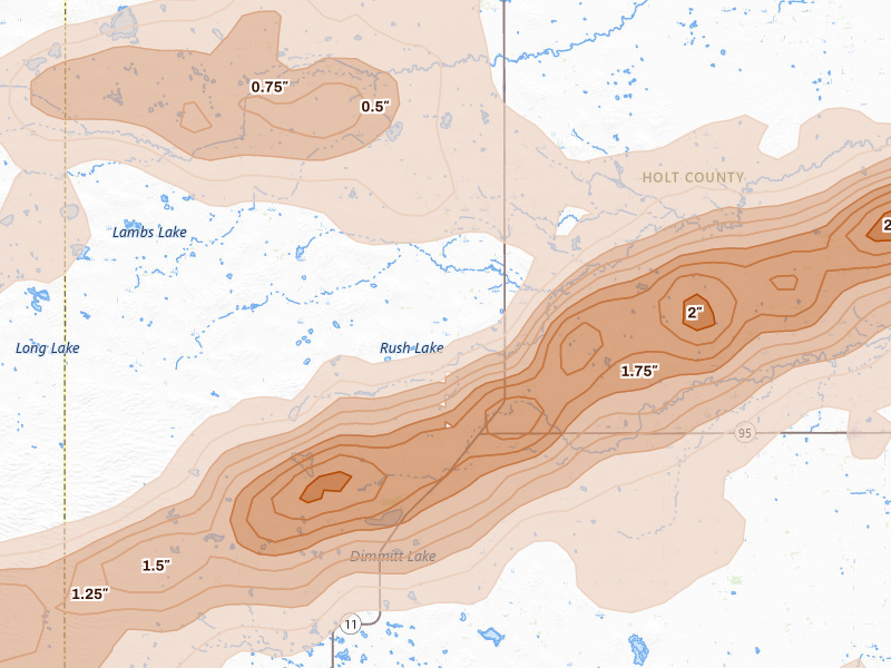 Radar-estimated hail-size map of the storm over Amelia, NE on Aug 17, 2026