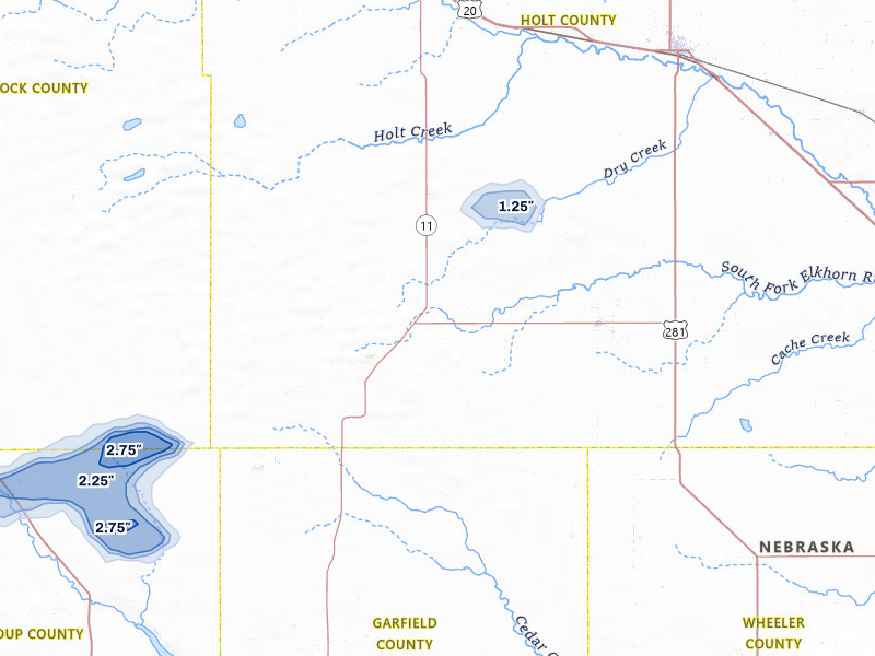 NEXRAD radar-signature map of the hail storm over Amelia, NE on Aug 17, 2026