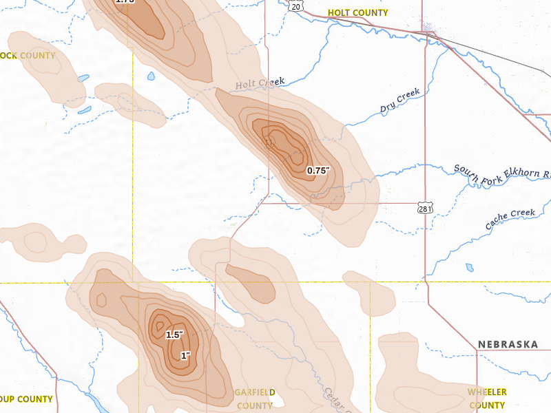 Radar-estimated hail-size map of the storm over Amelia, NE on Aug 19, 2026