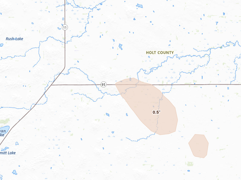 Radar-estimated hail-size map of the storm over Amelia, NE on Aug 21, 2026