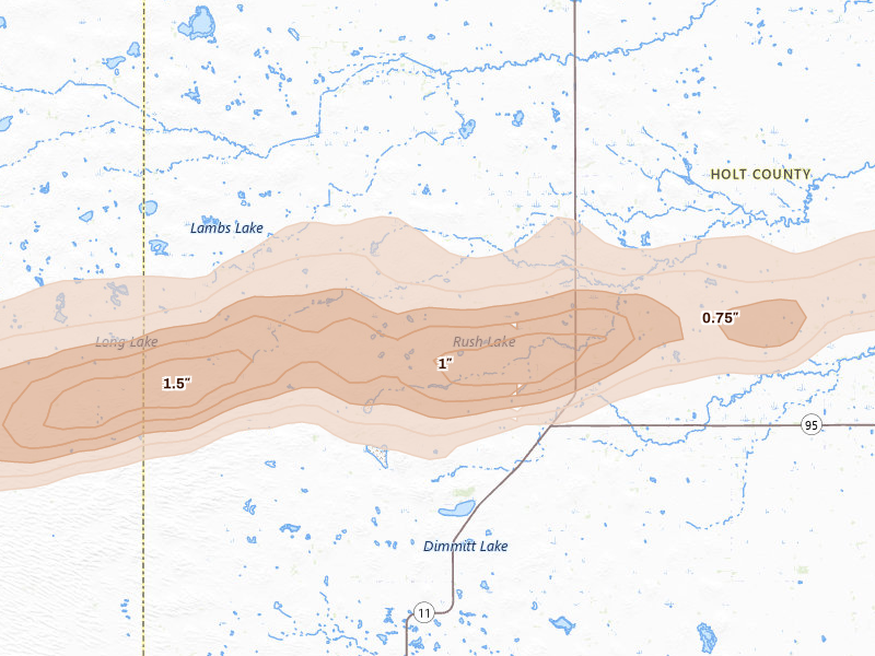 Radar-estimated hail-size map of the storm over Amelia, NE on Sep 1, 2026