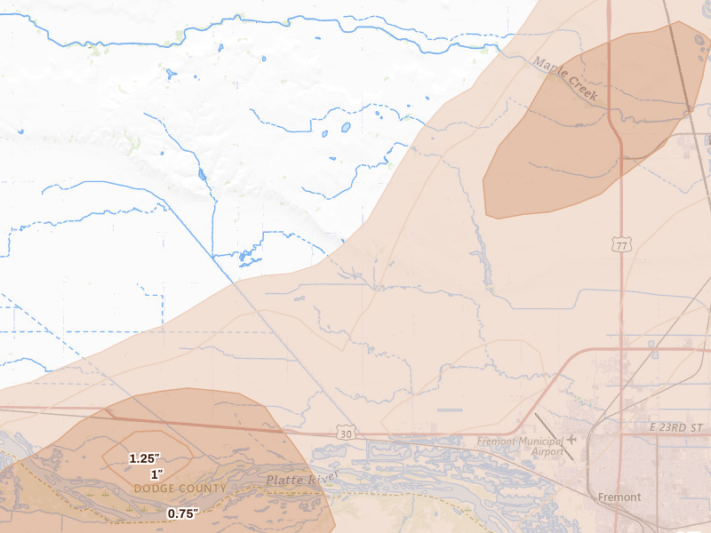 Radar-estimated hail-size map of the storm over Ames, NE on May 15, 2026