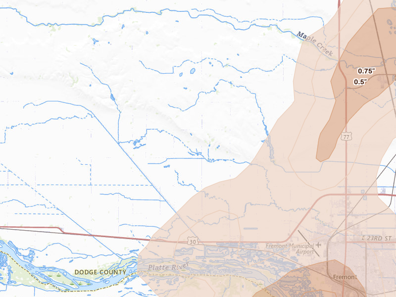 Radar-estimated hail-size map of the storm over Ames, NE on Jul 1, 2026
