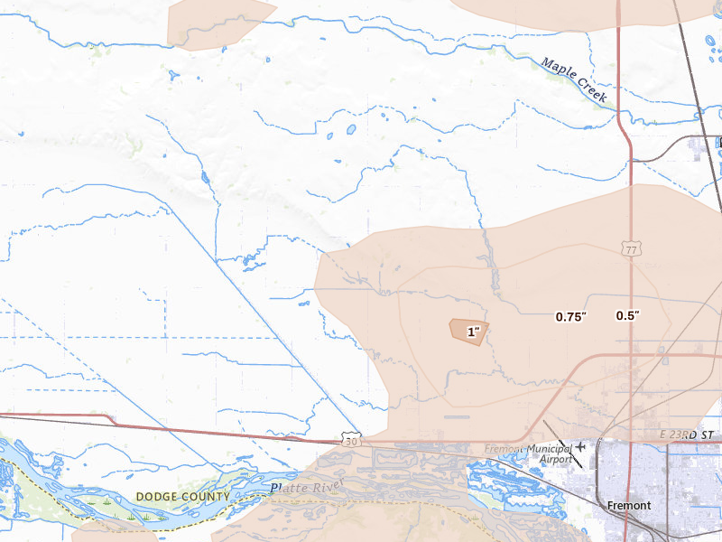 Radar-estimated hail-size map of the storm over Ames, NE on Jul 8, 2026