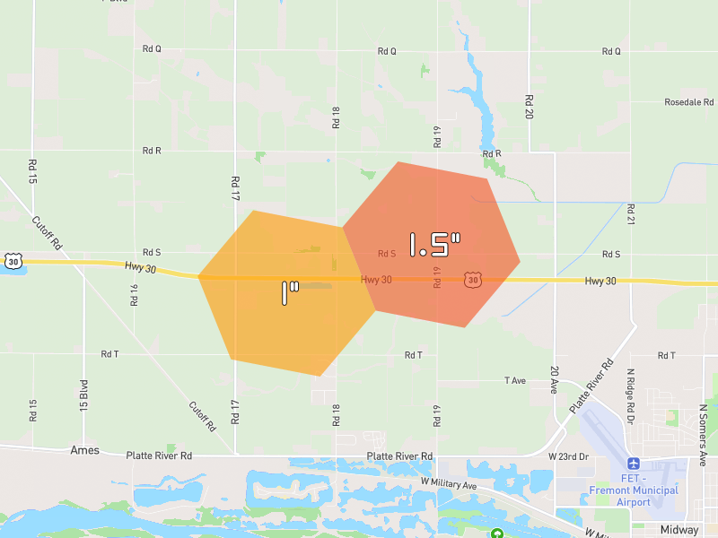Hail map of Ames, NE on Jul 9, 2026, hail up to 1.5"