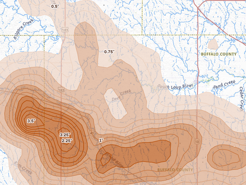 Radar-estimated hail-size map of the storm over Amherst, NE on May 16, 2026