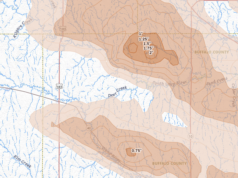 Radar-estimated hail-size map of the storm over Amherst, NE on Jun 20, 2026