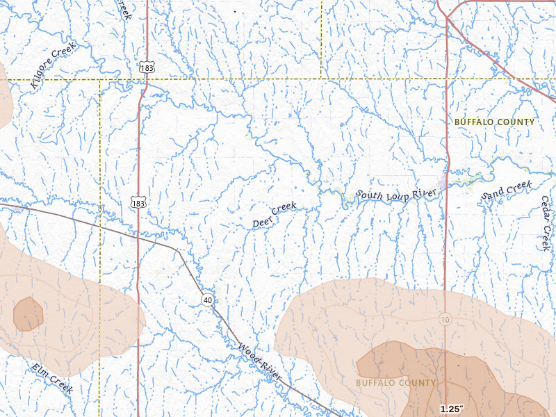 Radar-estimated hail-size map of the storm over Amherst, NE on Jul 30, 2026