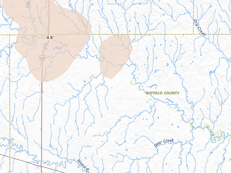 Radar-estimated hail-size map of the storm over Amherst, NE on Aug 17, 2026