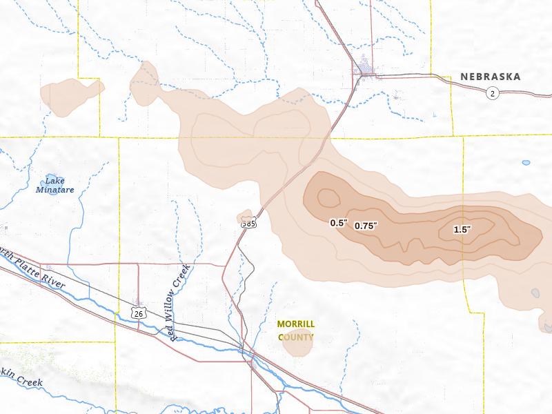 Radar-estimated hail-size map of the storm over Angora, NE on Jun 1, 2026
