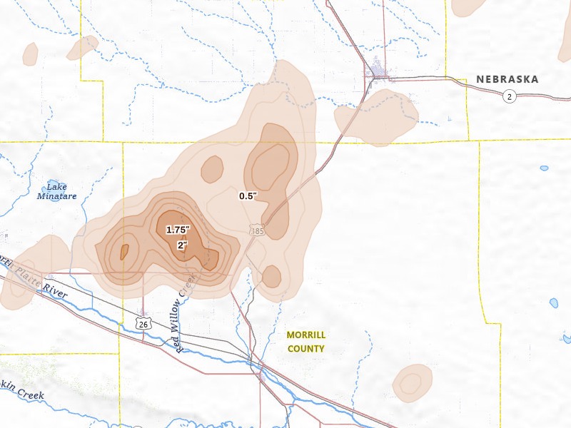 Radar-estimated hail-size map of the storm over Angora, NE on Jun 8, 2026
