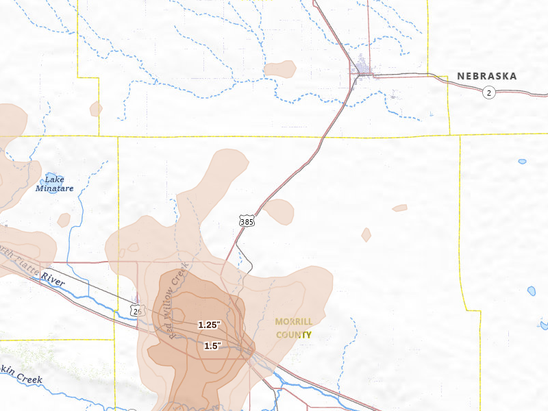 Radar-estimated hail-size map of the storm over Angora, NE on Jun 26, 2026