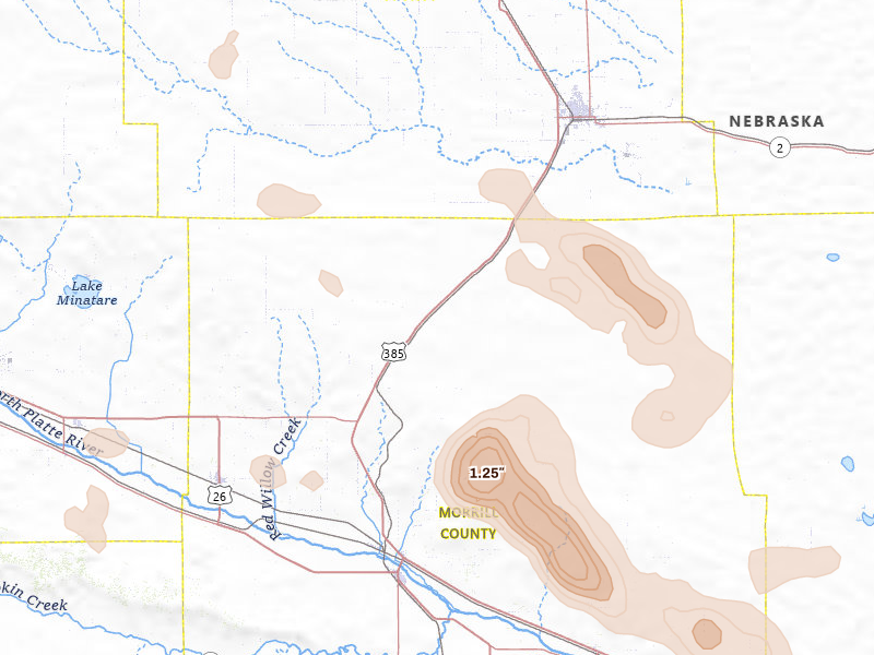Radar-estimated hail-size map of the storm over Angora, NE on Jul 28, 2026