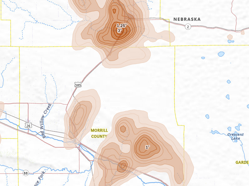 Radar-estimated hail-size map of the storm over Angora, NE