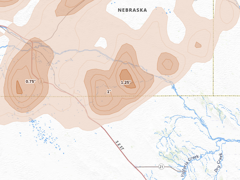 Radar-estimated hail-size map of the storm over Anselmo, NE on Jun 9, 2026