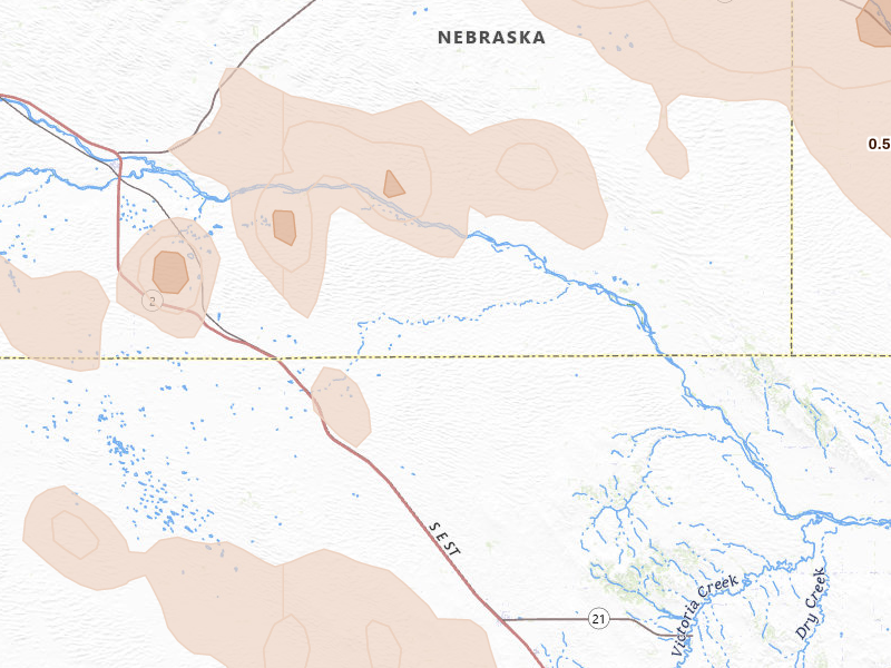 Radar-estimated hail-size map of the storm over Anselmo, NE on Jun 20, 2026