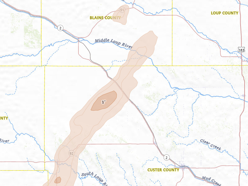 Radar-estimated hail-size map of the storm over Anselmo, NE on Jul 2, 2026