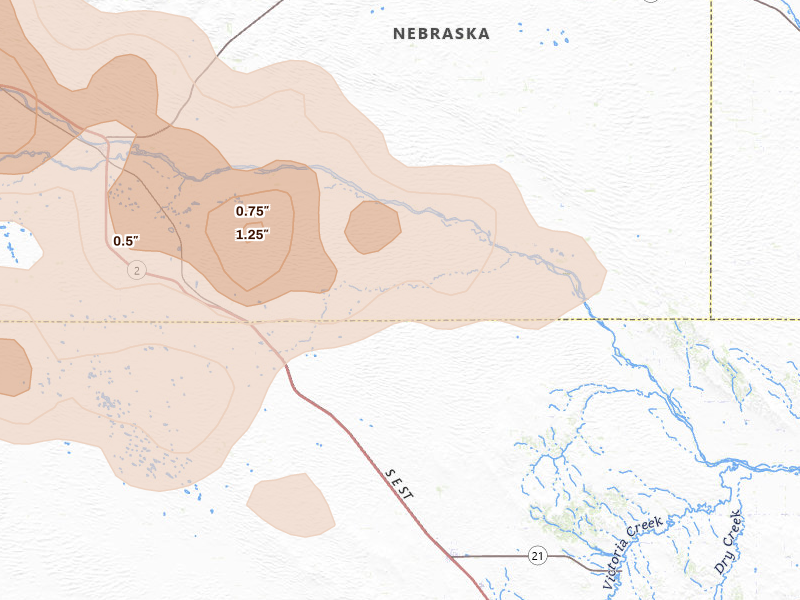 Radar-estimated hail-size map of the storm over Anselmo, NE on Jul 4, 2026