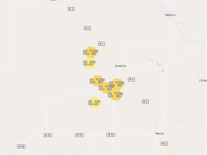 Hail map of Anselmo, NE on Jul 4, 2026, hail up to 0.75"