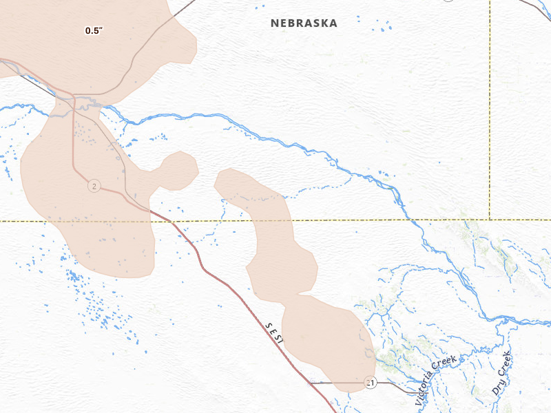 Radar-estimated hail-size map of the storm over Anselmo, NE on Jul 27, 2026