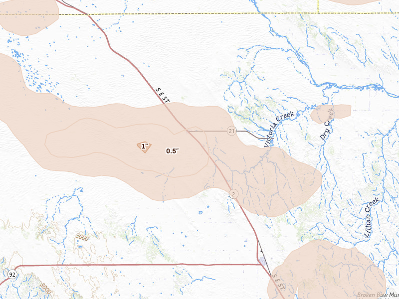 Radar-estimated hail-size map of the storm over Anselmo, NE on Aug 8, 2026
