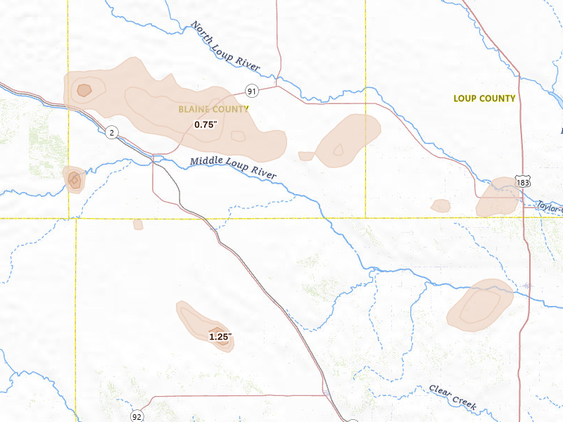 Radar-estimated hail-size map of the storm over Anselmo, NE on Aug 10, 2026
