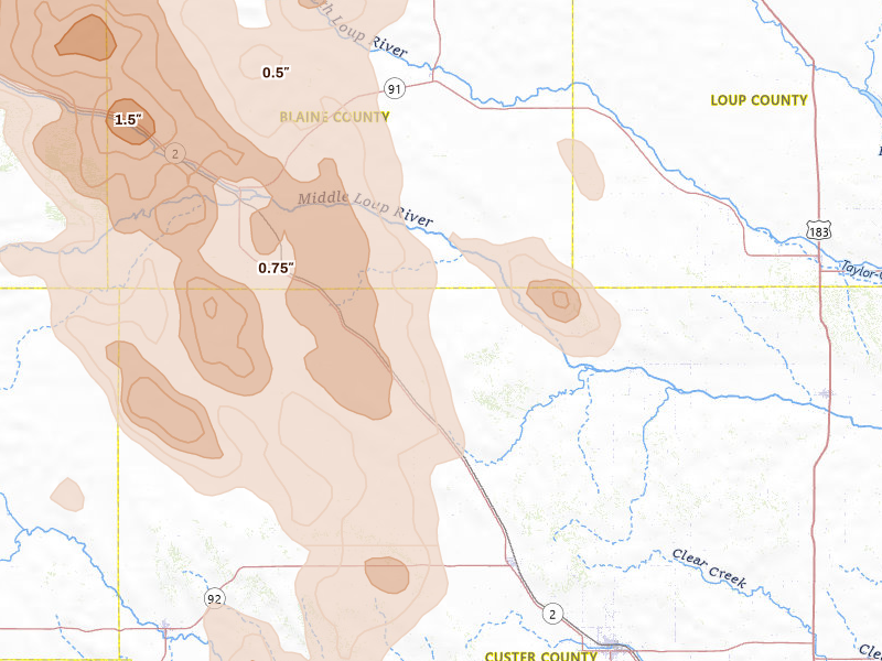 Radar-estimated hail-size map of the storm over Anselmo, NE on Aug 20, 2026