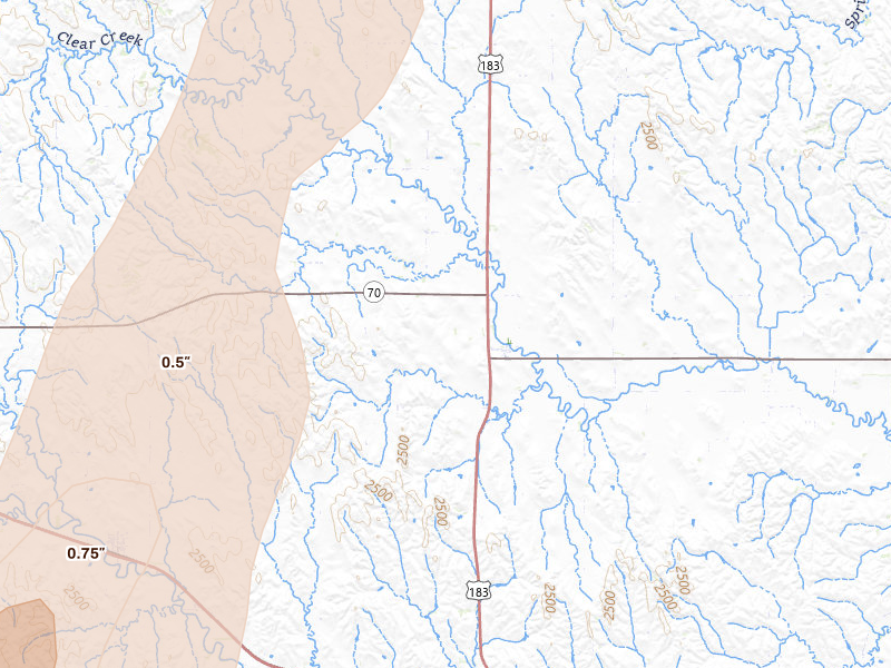 Radar-estimated hail-size map of the storm over Ansley, NE on May 16, 2026