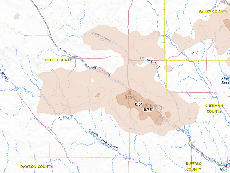 Radar-estimated hail-size map of the storm over Ansley, NE on Aug 12, 2026