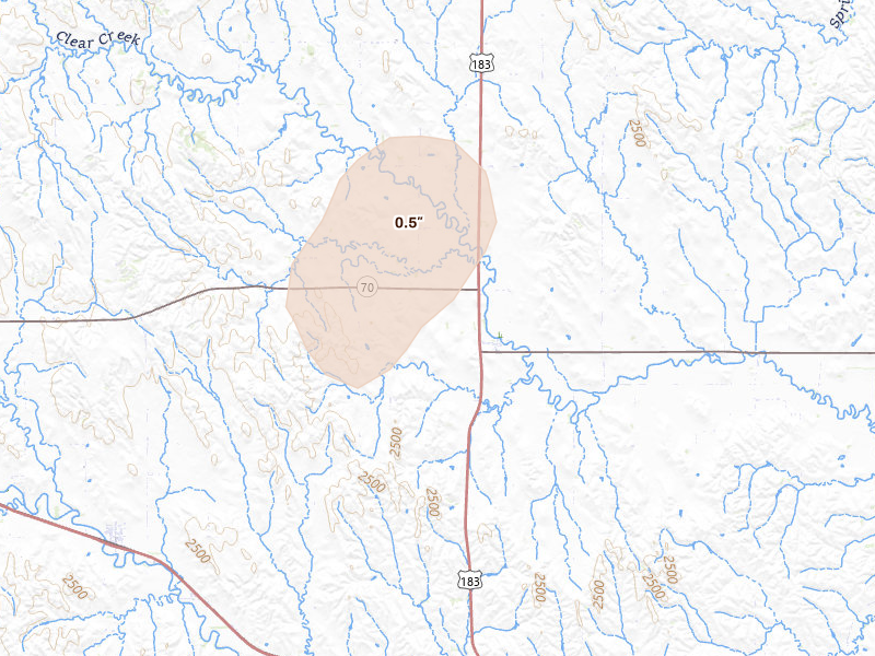 Radar-estimated hail-size map of the storm over Ansley, NE on Aug 21, 2026
