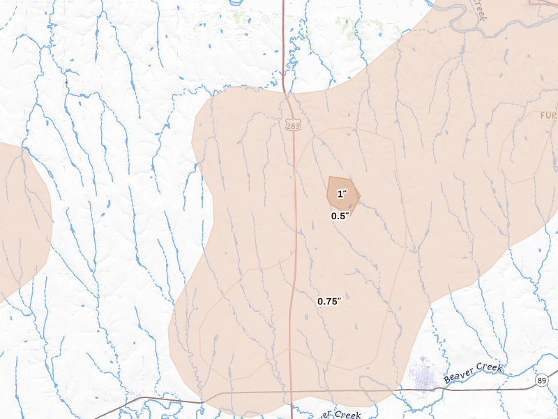 Radar-estimated hail-size map of the storm over Arapahoe, NE on May 29, 2026