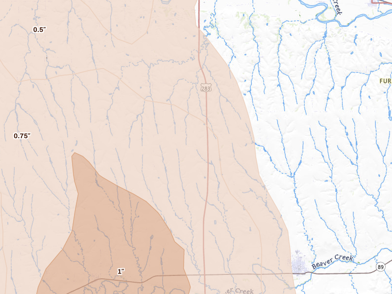 Radar-estimated hail-size map of the storm over Arapahoe, NE on May 30, 2026
