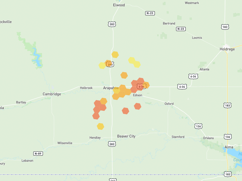 Hail map of Arapahoe, NE on Jun 3, 2026, hail up to 1.75"