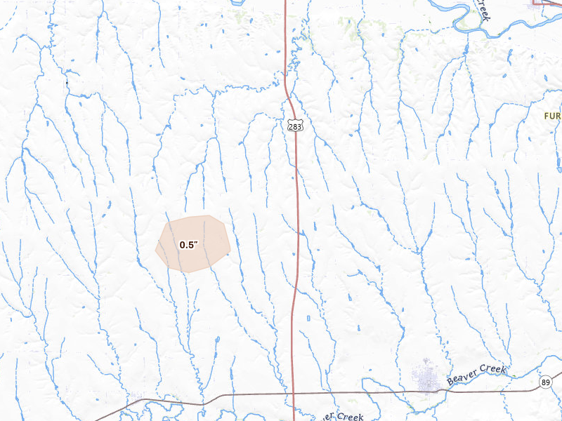 Radar-estimated hail-size map of the storm over Arapahoe, NE on Aug 14, 2026