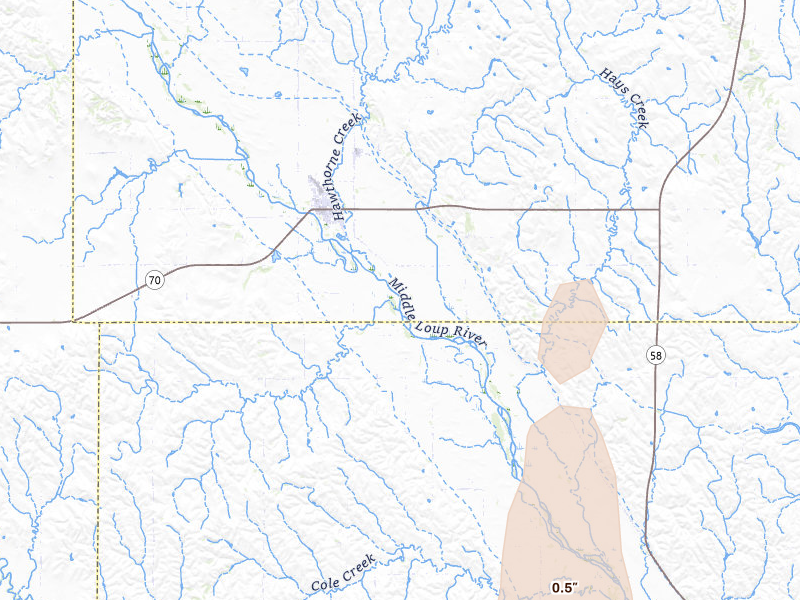 Radar-estimated hail-size map of the storm over Arcadia, NE on May 16, 2026