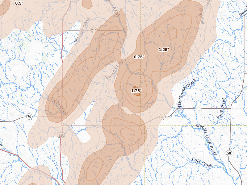 Radar-estimated hail-size map of the storm over Arcadia, NE on Jun 9, 2026