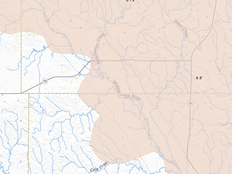 Radar-estimated hail-size map of the storm over Arcadia, NE on Jun 20, 2026