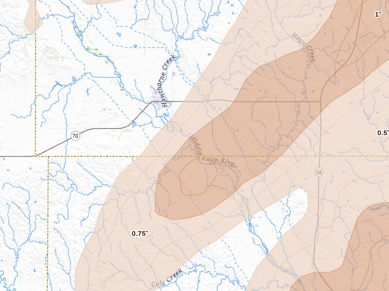 Radar-estimated hail-size map of the storm over Arcadia, NE on Jun 29, 2026