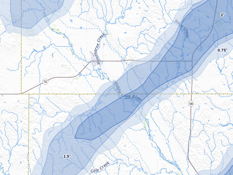 NEXRAD radar-signature map of the hail storm over Arcadia, NE on Jun 29, 2026