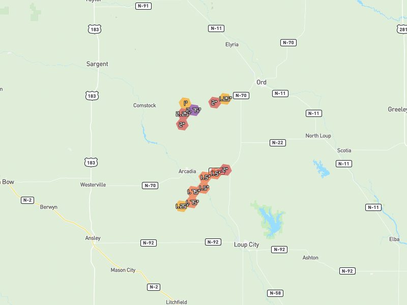 Hail map of Arcadia, NE on Jun 30, 2026, hail up to 2.75"
