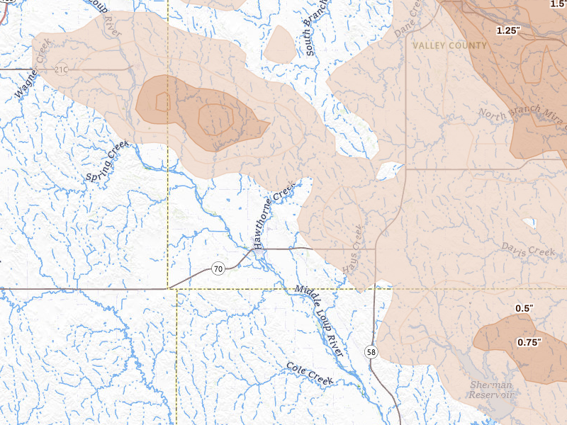 Radar-estimated hail-size map of the storm over Arcadia, NE on Aug 17, 2026