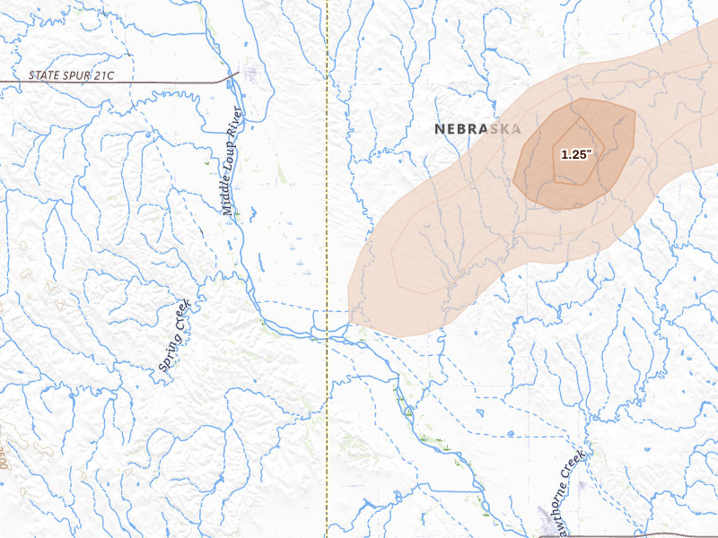 Radar-estimated hail-size map of the storm over Arcadia, NE on Sep 1, 2026