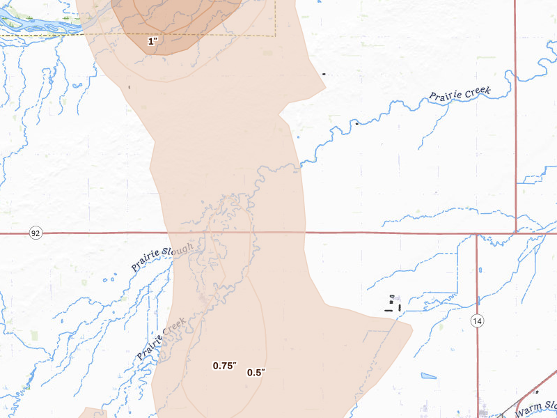 Radar-estimated hail-size map of the storm over Archer, NE on May 16, 2026